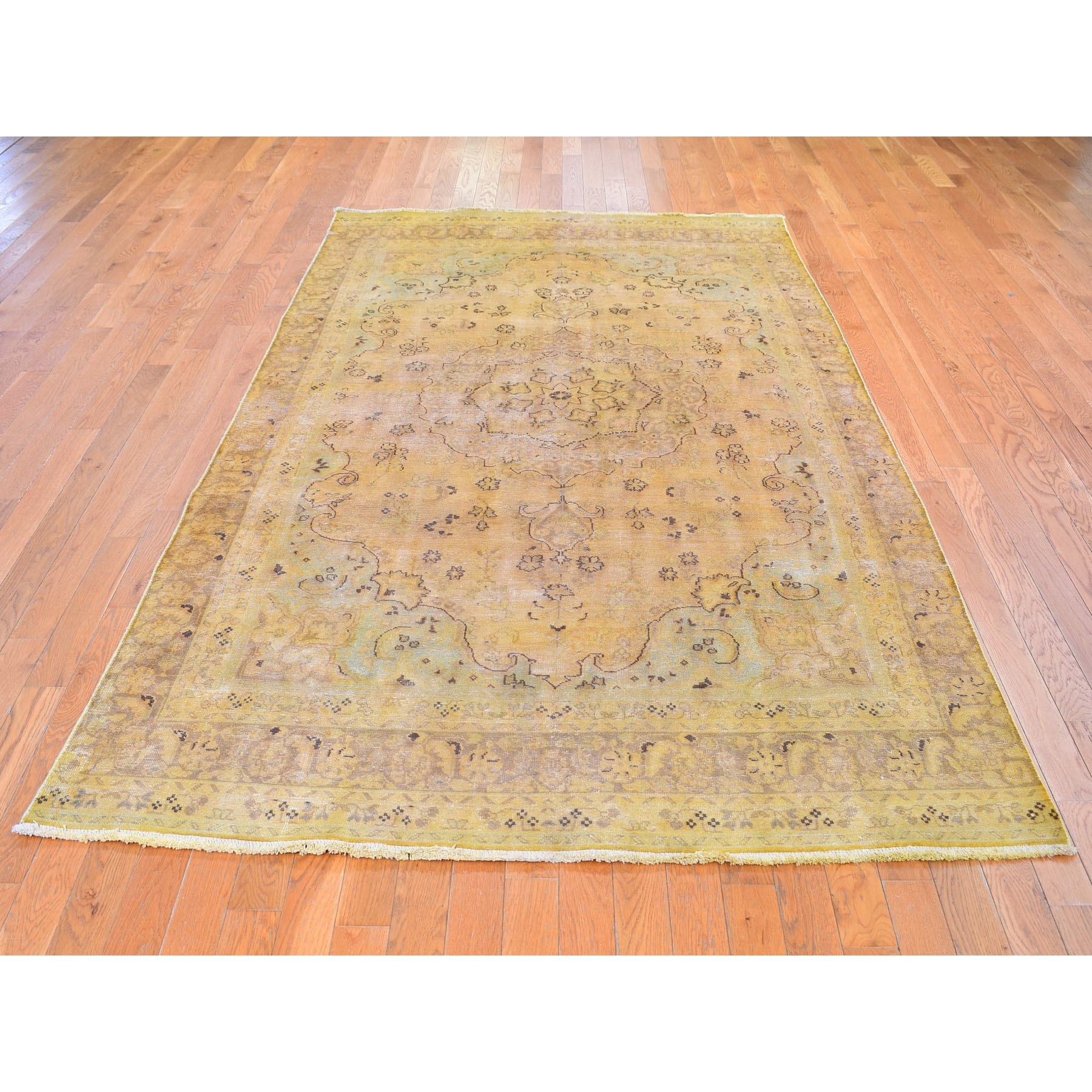 5'5"x9'3" Yellow Overdyed Persian Tabriz Pure Wool Hand Knotted